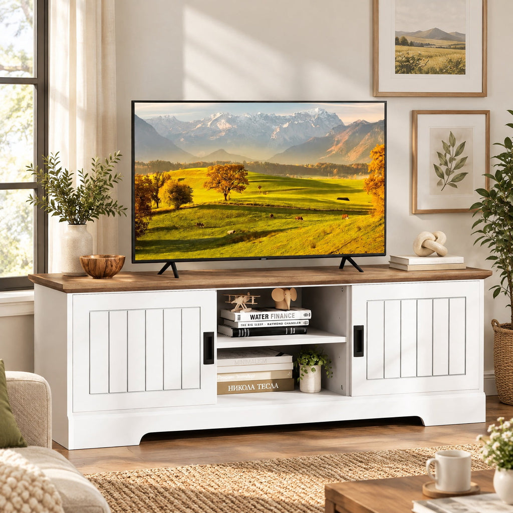 Airfind Farmhouse TV Stand for TVs up to 65 Inch with Sliding Doors and Storage Cabinets, 88 lbs Capacity, Engineered Wood MDF Frame, White