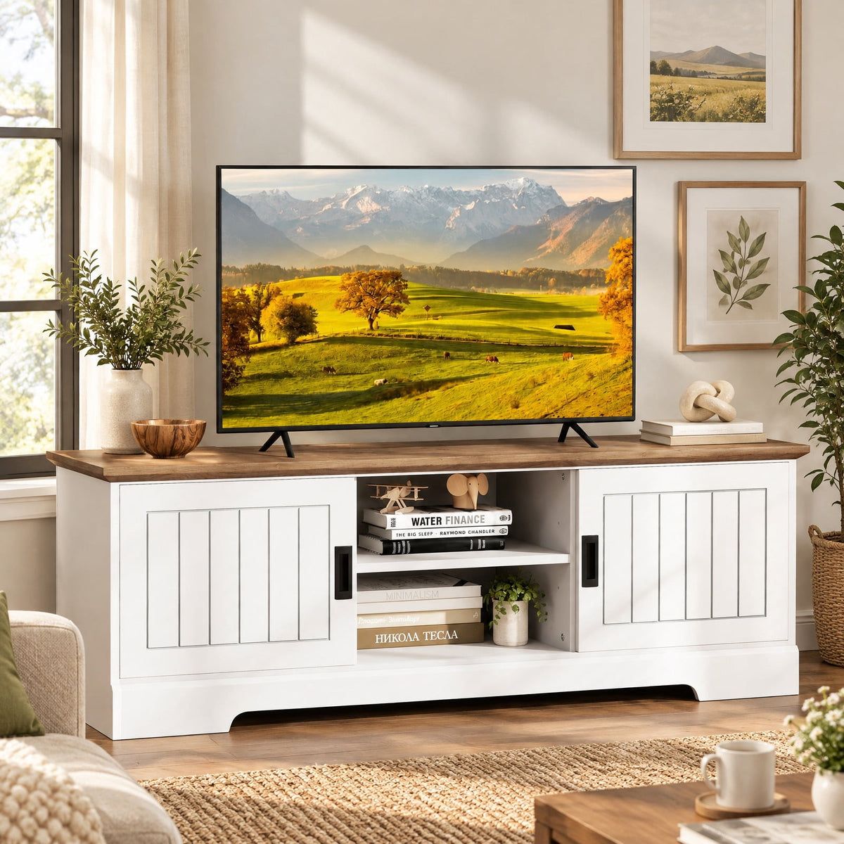Airfind Farmhouse TV Stand for TVs up to 65 Inch with Sliding Doors and Storage Cabinets, 88 lbs Capacity, Engineered Wood MDF Frame, White