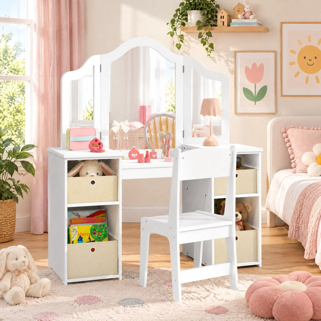 Airfind Kids Vanity Table and Chair Set with Removable Mirrors and 4 Storage Bins, 220 lbs Capacity, MDF Frame, for 3+ Years Old, White