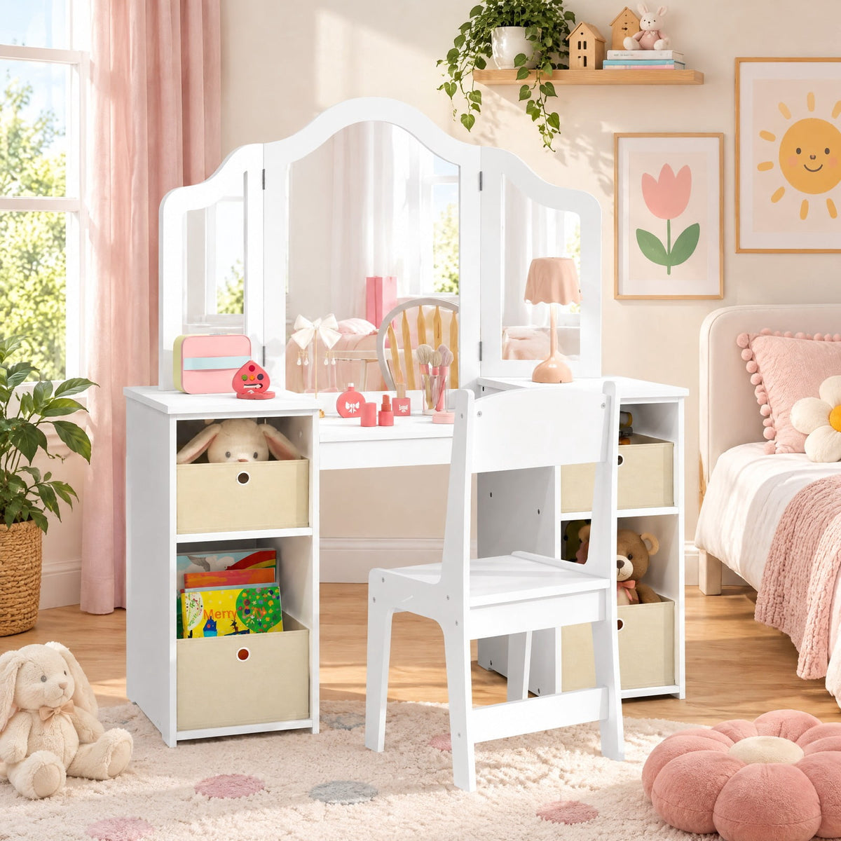Airfind Kids Vanity Table and Chair Set with Removable Mirrors and 4 Storage Bins, 220 lbs Capacity, MDF Frame, for 3+ Years Old, White