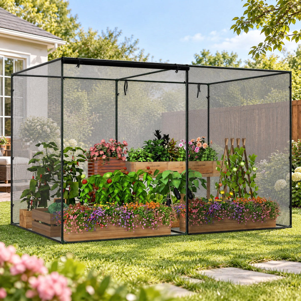 AIRFIND Garden Plant Cage 10 x 6.5 x 6.5 ft, Walk-In Crop Protection Enclosure with Mesh Netting, Zippered Roll-Up Doors and Carry Bag, Black