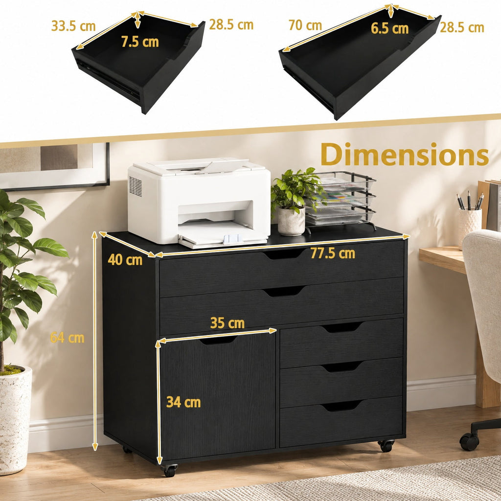 Airfind Modern Vertical 5-Drawer Mobile Chest with Door 5 Casters, 220 lbs Capacity, Engineered Wood MDF Metal Frame, 30.5in x 16in x 25in Footprint