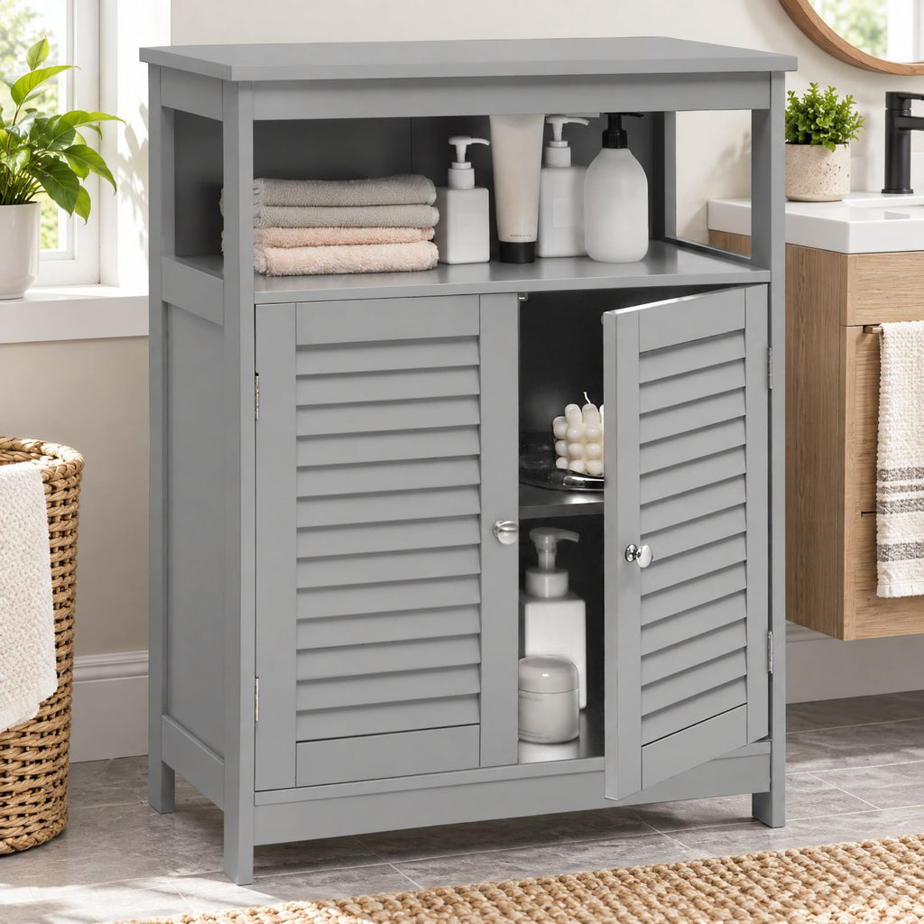 Airfind Wood Freestanding Bathroom Storage Cabinet with Double Shutter Door, 77 lbs Capacity, P2 MDF Frame, 23.5in x 12in x 31.5in Footprint, Gray