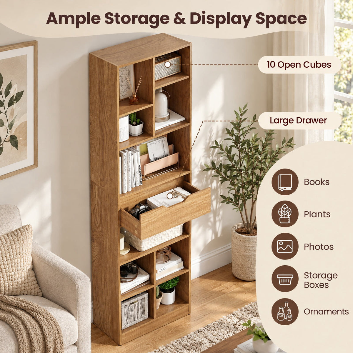 Airfind 71inch Tall Freestanding Bookcase with Drawer 10-Cube Storage Organizer, 205 lbs Capacity, Engineered Wood MDF Frame, Natural