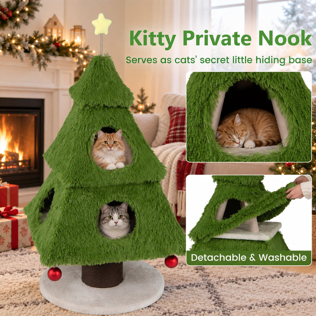 Airfind Christmas Cat Tree with Scratching Post and Dangling Balls for Indoor Cats, 33 lbs Capacity, Green