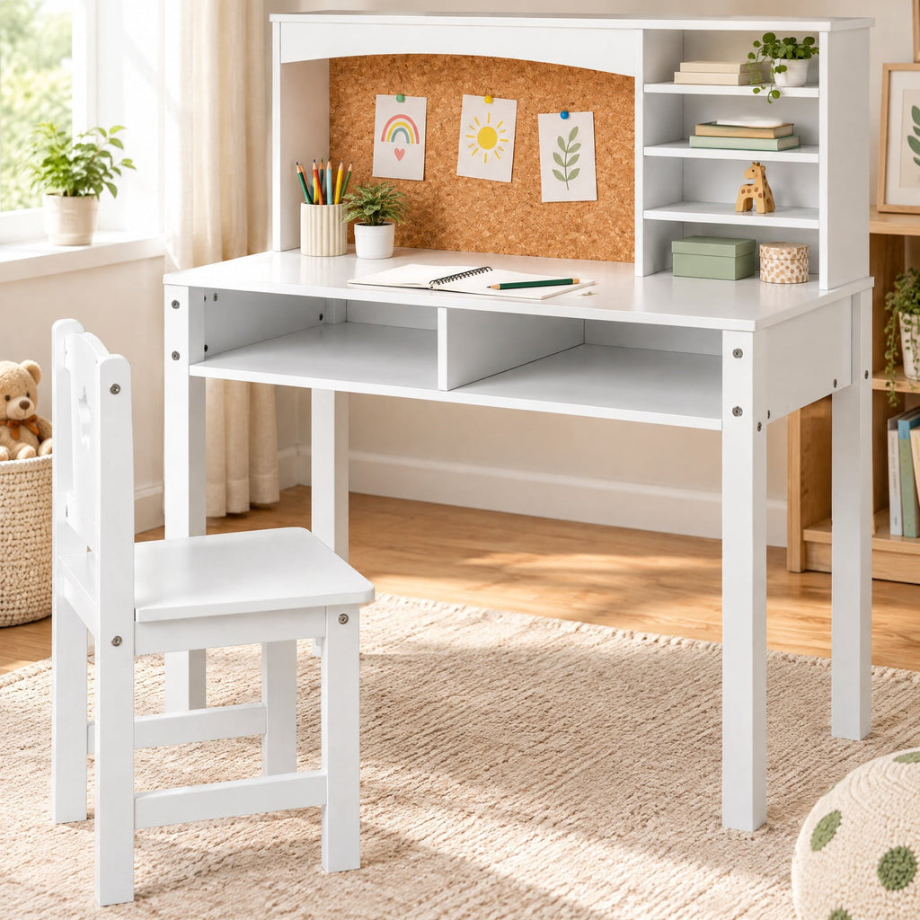 Airfind Kids Desk and Chair Set with Hutch and Bulletin Board for 3+ Kids, MDF Pine Wood Frame, 31 x 15.5 x 33.5 Footprint, White