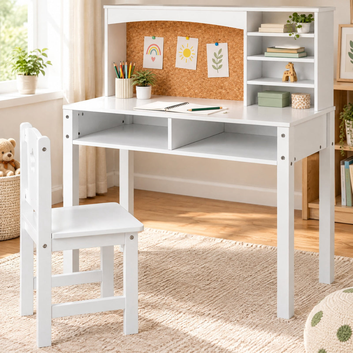 Airfind Kids Desk and Chair Set with Hutch and Bulletin Board for 3+ Kids, MDF Pine Wood Frame, 31 x 15.5 x 33.5 Footprint, White