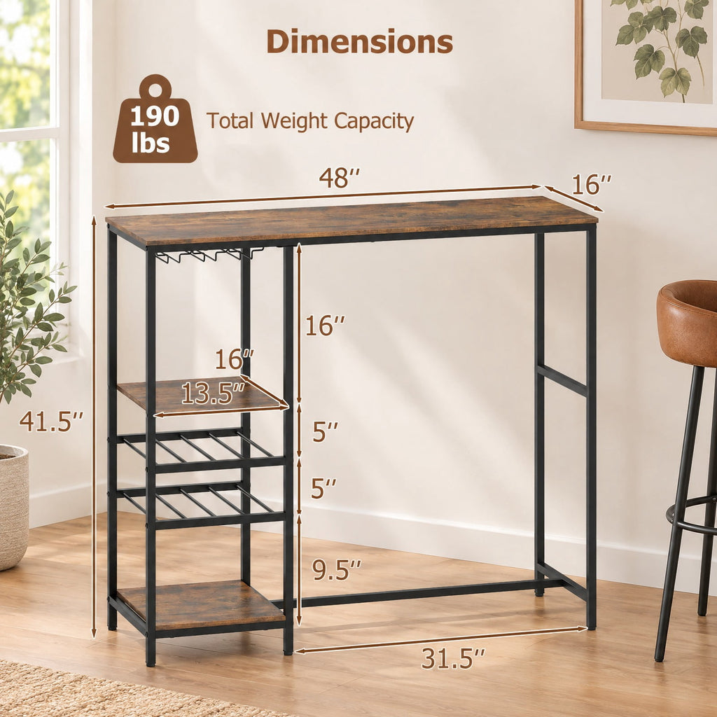 Airfind Long Bar Table Bar Height Dining Table with Storage Shelves, 190 Lbs Capacity, Engineered Wood Metal, 48 Inch X 16 Inch X 41.5 Inch, Brown