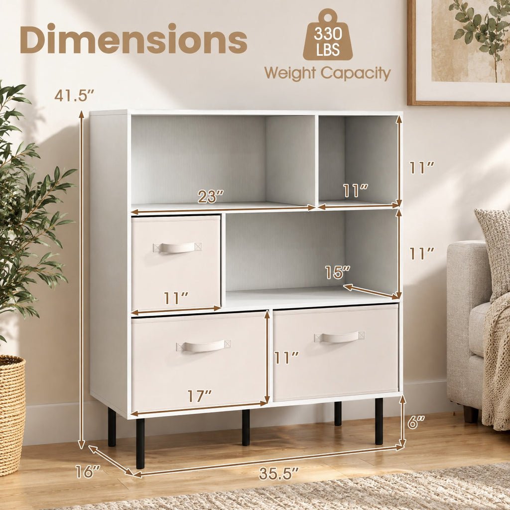 Airfind 6-Cube Bookshelf with 3 Removable Folding Fabric Drawers for Living Room, 330 lbs Capacity, Metal Engineered Wood Frame, White