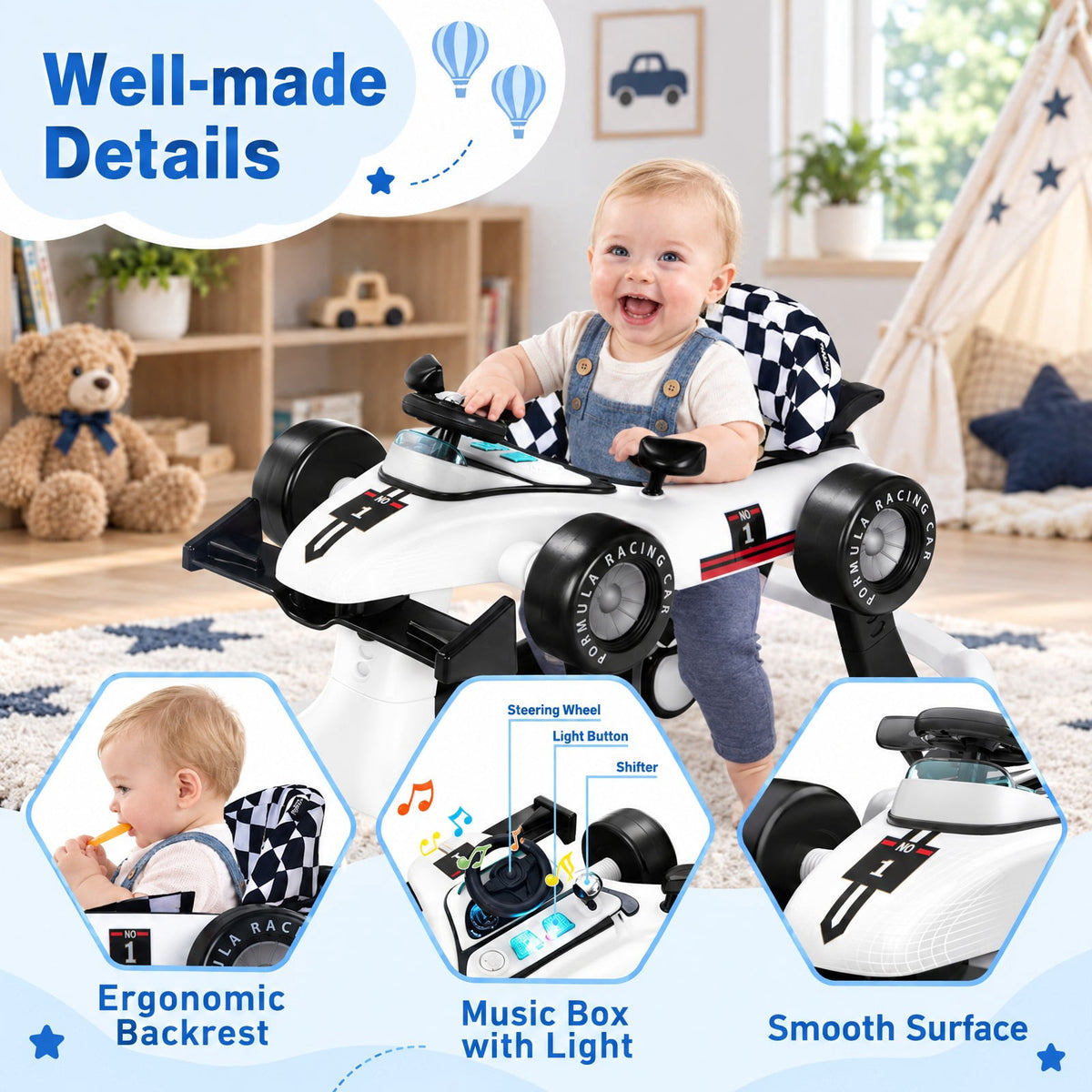 AIRFIND Baby Walker with 4 Activity Modes, 3 Adjustable Heights, Music and Lights, Rear Wheel Speed Control and Folding Frame, White