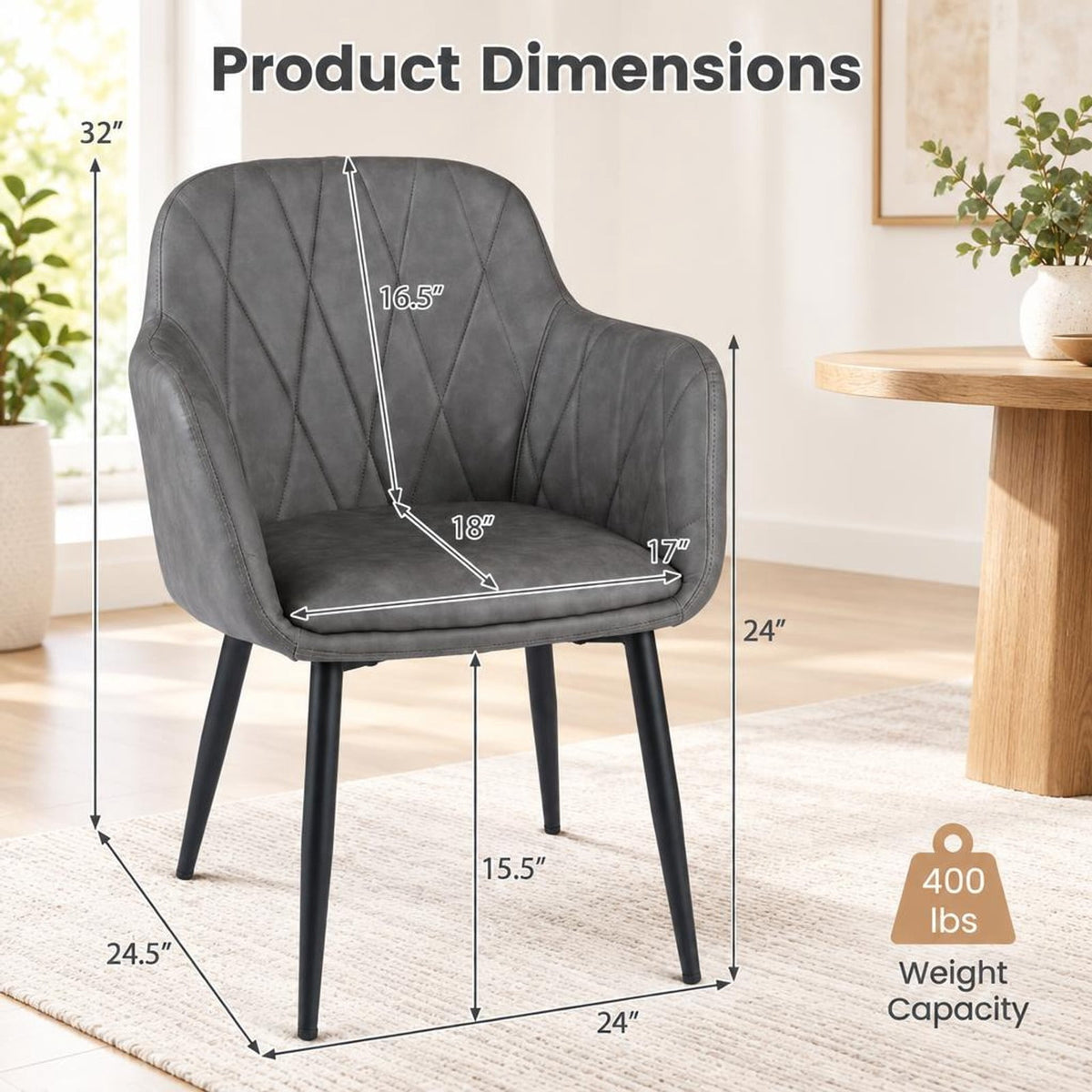 Airfind Upholstered PU Leather Kitchen Chairs Set of 2 with Curved Back and Wide Seat, Chair 396 lbs Total Capacity, PU Leather Metal Sponge Frame