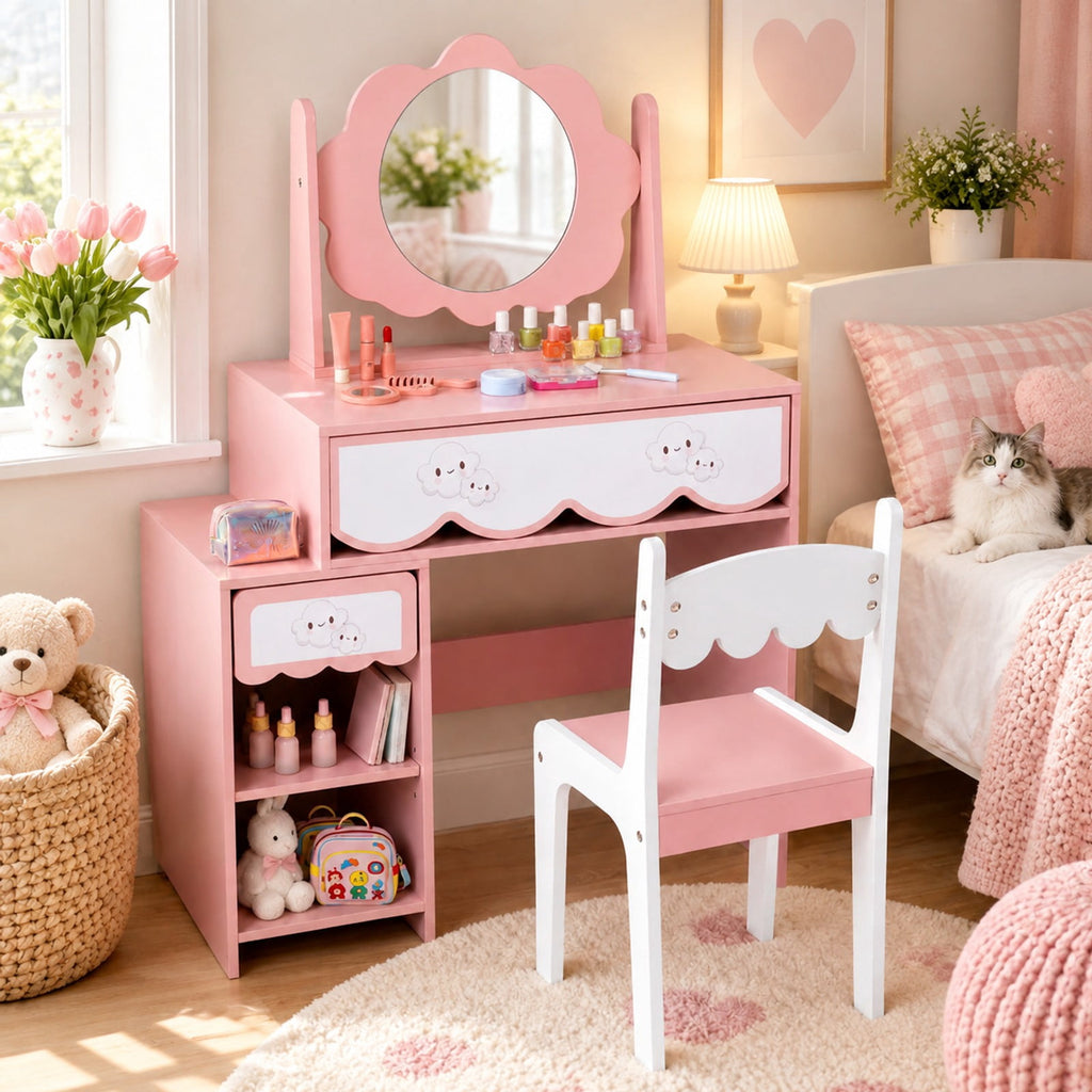Airfind Kids Vanity Set with 360° Rotating Mirror Chair for Girls, 110 lbsChair Capacity, Engineered Wood GlassTable Frame, Pink