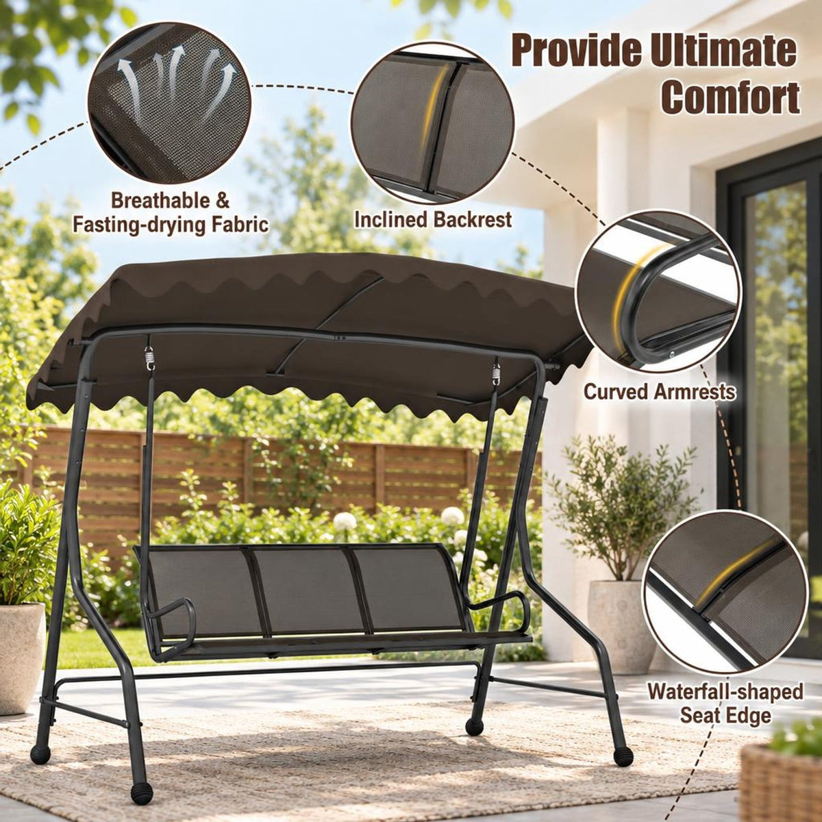 Airfind 3-Seat Outdoor Porch Canopy Swing with Adjustable Shading, 1000 lbs Capacity, Polyester Fabric Fabric Metal Frame, 88 x 59 x 76 Footprint