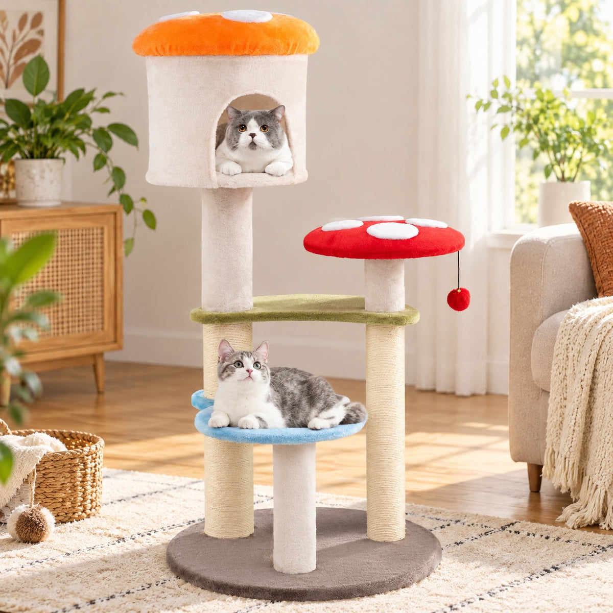 Airfind Cute Mushroom Cat Tree with Sisal Scratching Posts Top Condo and Padded Platforms, 22 lbs Capacity, 23 x 48 Footprint, Colorful