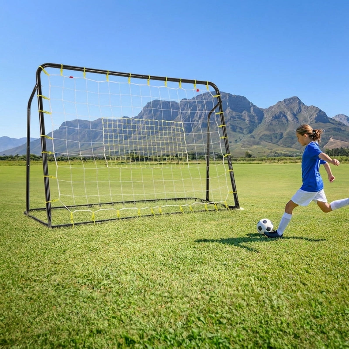 Airfind 2-in-1 Kids Soccer Goal and Rebounder with 5 Angle Adjustment and Height-Adjustable Frame Stakes and Carry Bag for Backyard Training Practice Ages 6 Plus, Black