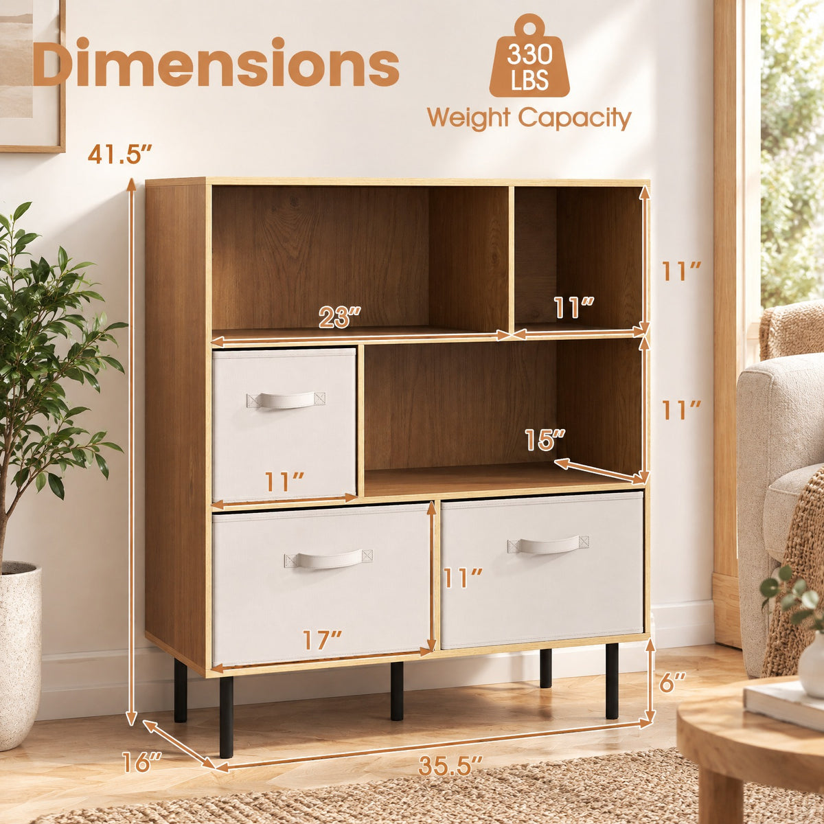 Airfind 6-Cube Bookshelf with 3 Removable Folding Fabric Drawers for Living Room, 330 lbs Capacity, Metal Engineered Wood Frame, Natural