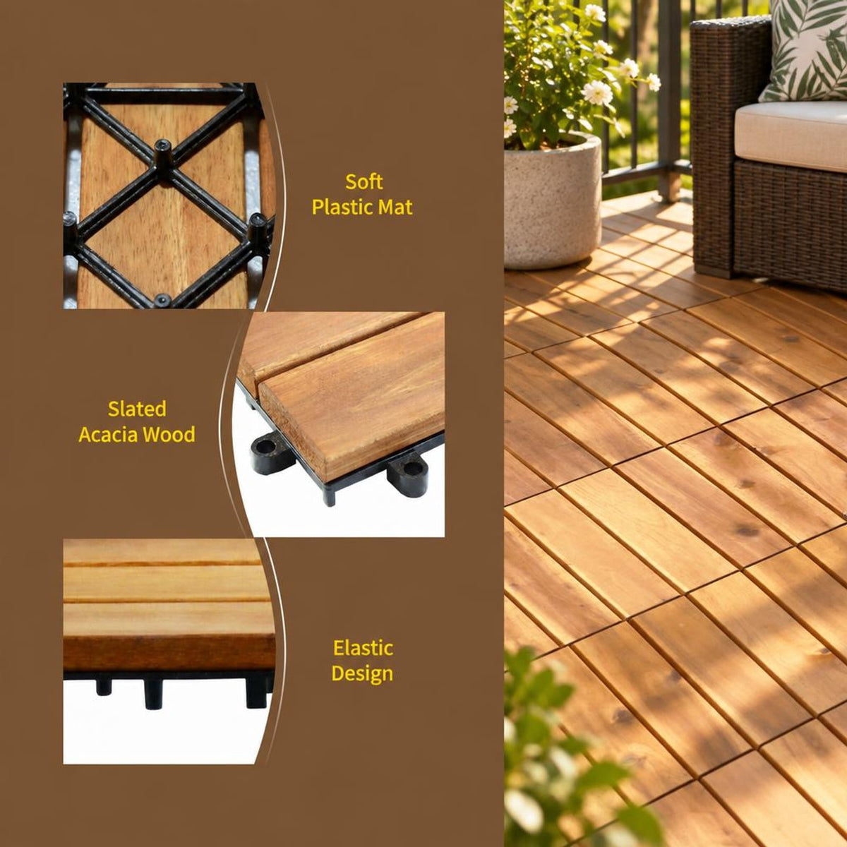 Airfind 27 Pieces Acacia Wood Interlocking Patio Deck Tile, Acacia Wood Plastic, 12 Inch X 12 Inch X 1 Inch (l X W X L) Covering Area: 27 Sq.ft, Natural