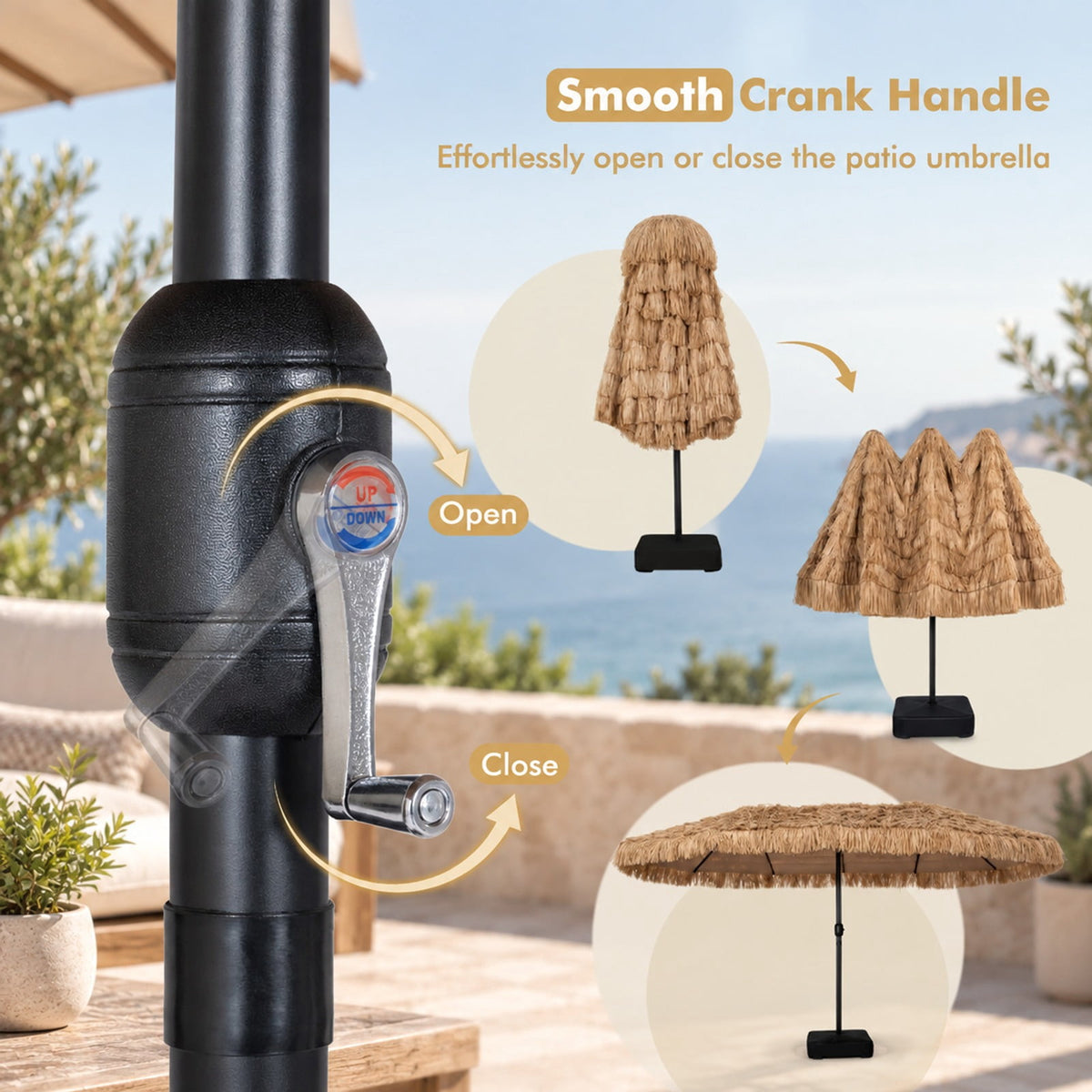 Airfind 15 x 9 FT Solar Double-Sided Patio Umbrella Base Included for Garden Bar, Polyester Fabric Metal PE Thatch ABS Frame, Brown