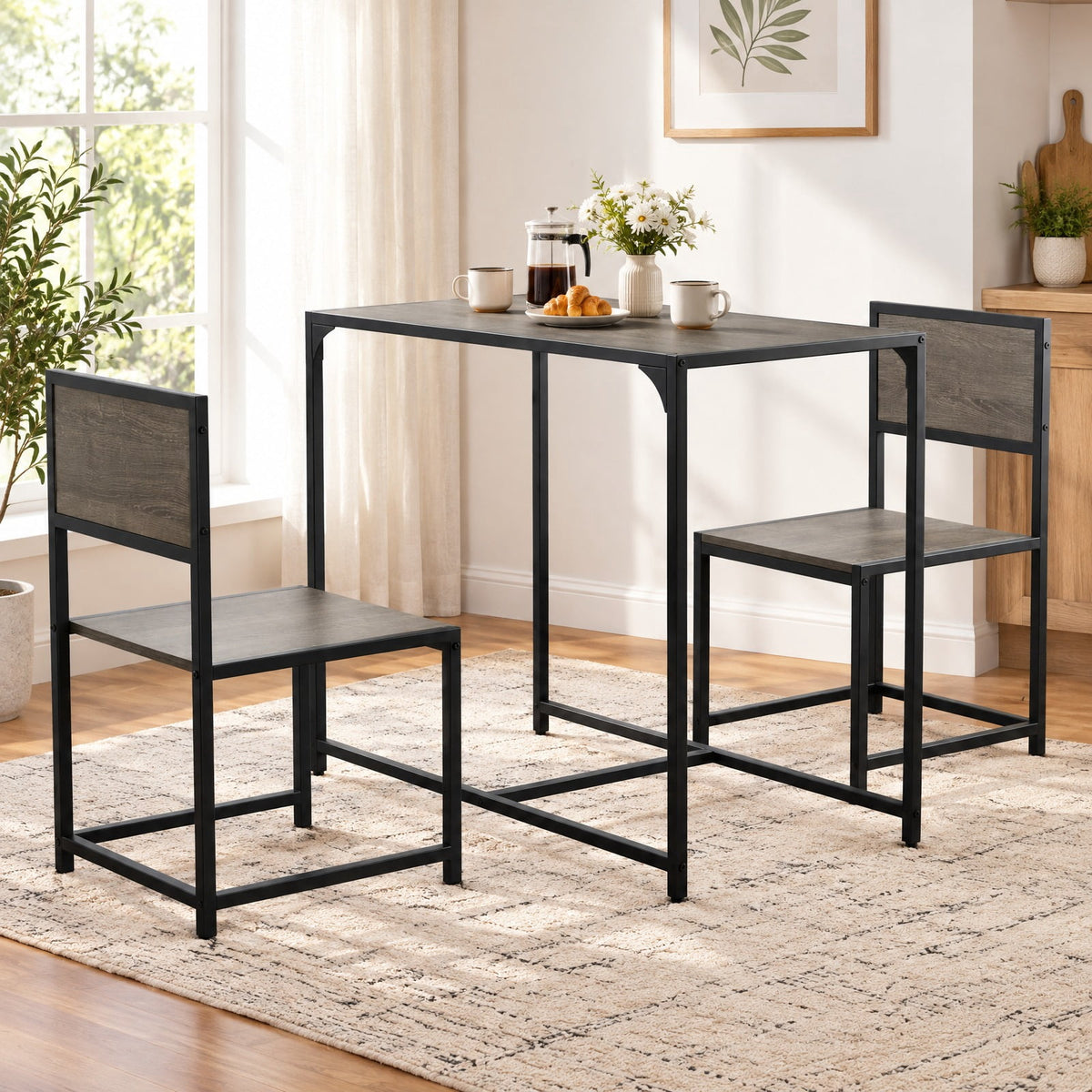 Airfind 3 Pieces Dining Set Compact Table and 2 Chair with Metal Frame for Small Space, 200 lbs Capacity, Engineered Wood Metal Frame, Rustic Brown