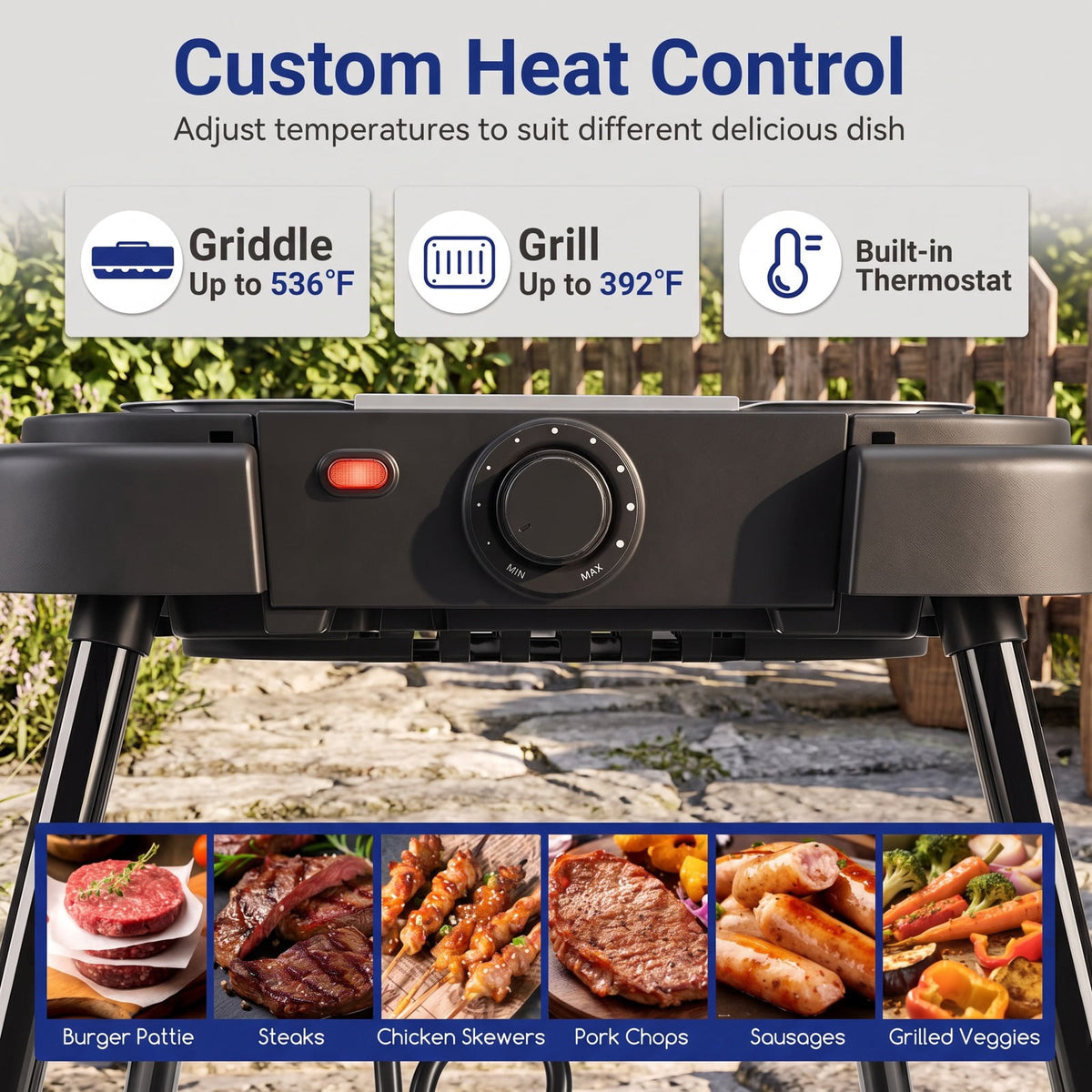 Airfind 1500W 2-in-1 Electric Grill featuring Detachable Stand and Dual Plates for Balcony, Metal PP Electroplated Chrome Enamel Zinc Sheet Frame, Red
