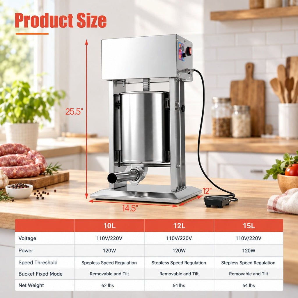 Airfind 10L Electric Sausage Stuffer with 4 Stuffing Tubes Foot Pedal and Stepless Speed Control, Stainless Steel Frame, Silver