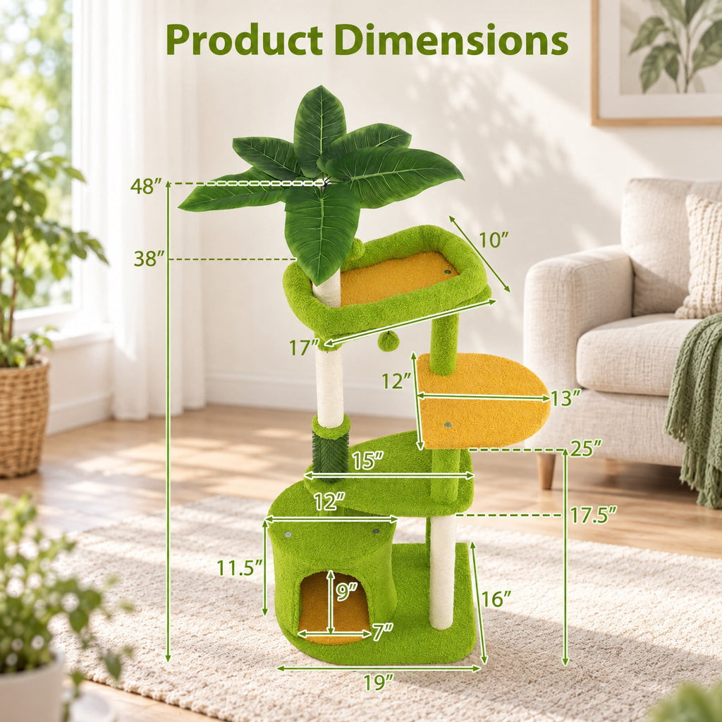 Airfind Cute Cat Tree for Adult Cats Multi-level Kitty Tower, Engineered Wood EVA Sisal Teddy Fleece Product Height 48 Base Frame, Green