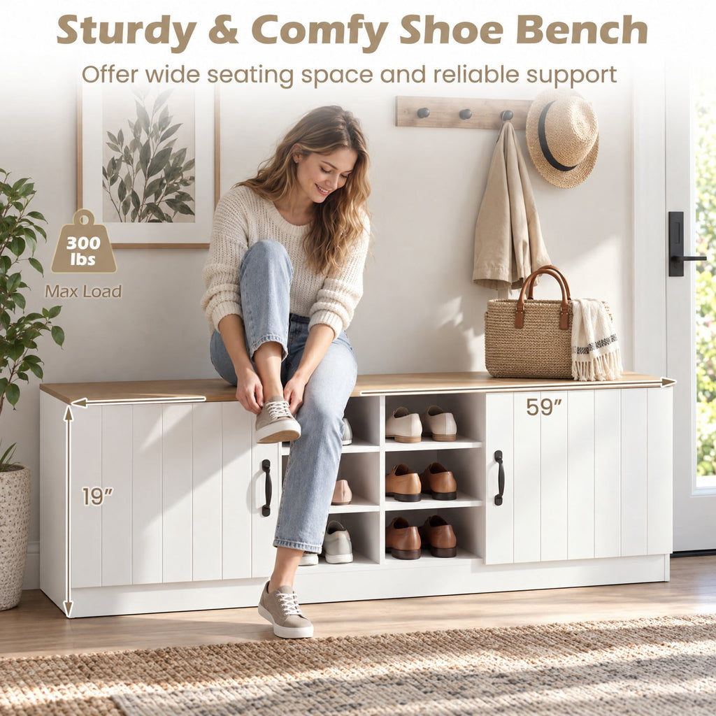 Airfind 2-Door Shoe Bench Storage Cabinet with Adjustable Shelves, 300 lbs Capacity, Engineered Wood MDF Frame, 59in x 16in x 19in Footprint, Natural