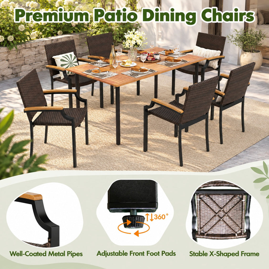 Airfind Stacking Wicker Chairs Set of 2 Patio Rattan Dining Chairs with Acacia Wood Armrests, 400 lbs Capacity, Metal PE Rattan Frame, Wood