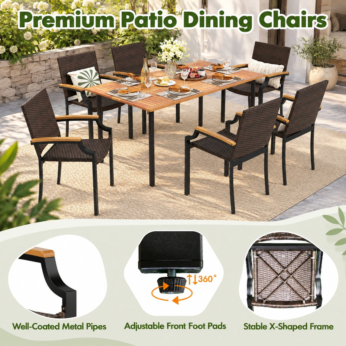 Airfind Stacking Wicker Chairs Set of 2 Patio Rattan Dining Chairs with Acacia Wood Armrests, 400 lbs Capacity, Metal PE Rattan Frame, Wood