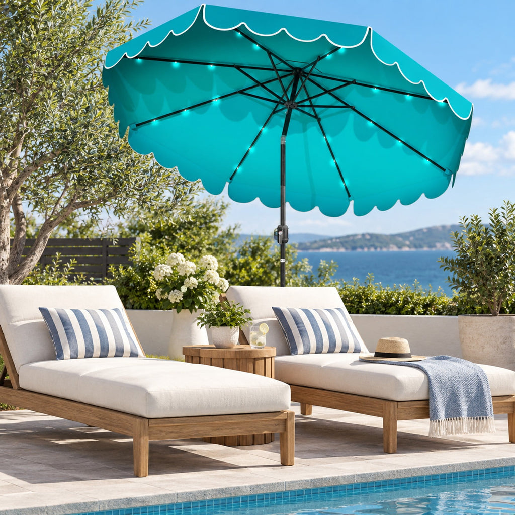 Airfind 10 Feet Solar Patio Umbrella with 24 LED Lights, Polyester Fabric Metal Frame, 10 x 8.3 ft Umbrella Rim Height 6.9 ft Footprint, Turquoise
