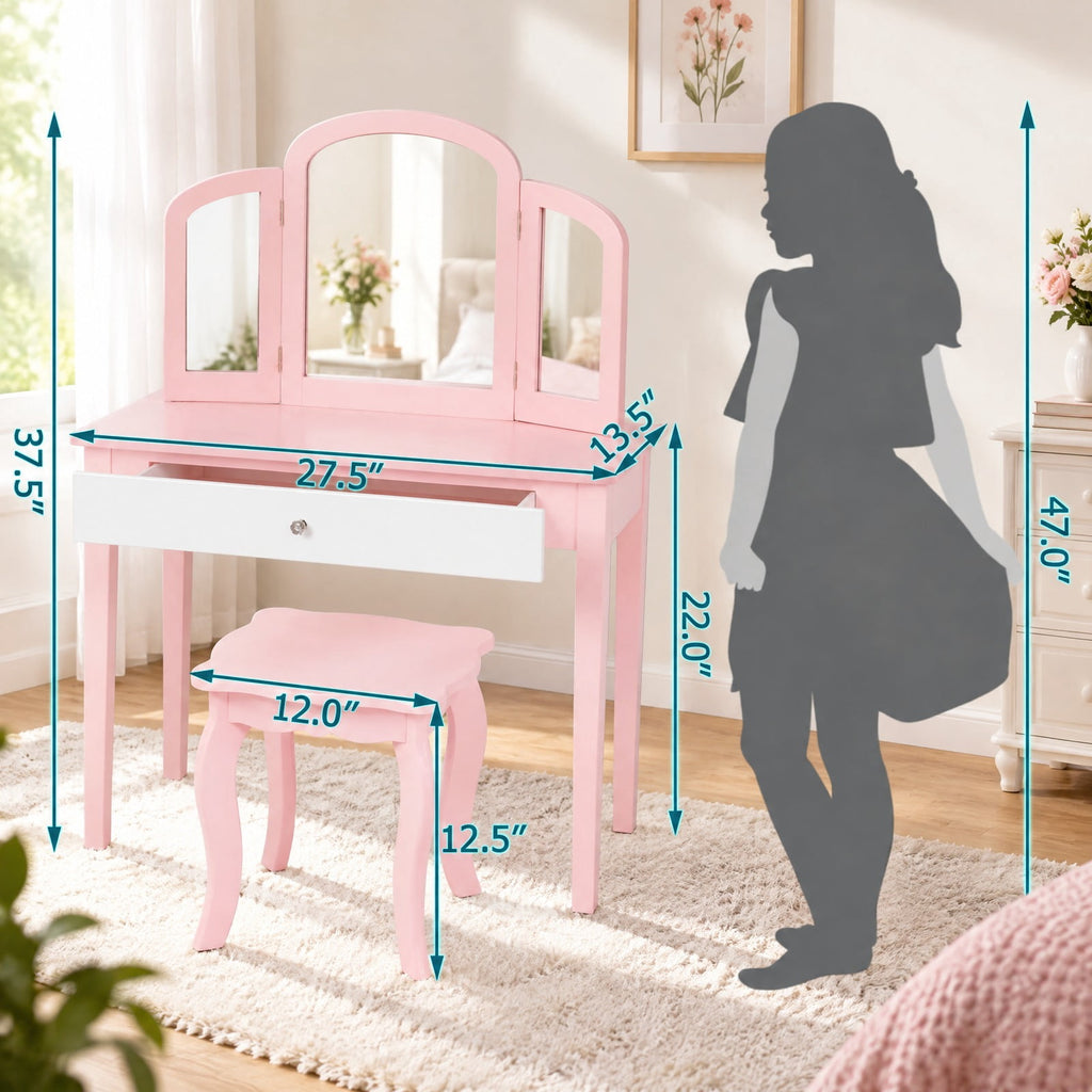 Airfind Kids Princess Make Up Dressing Table with Tri-folding Mirror and Chair, 33 lbs Capacity, MDF Frame, 27.5 x 13.5 x 37.5 Footprint, Pink
