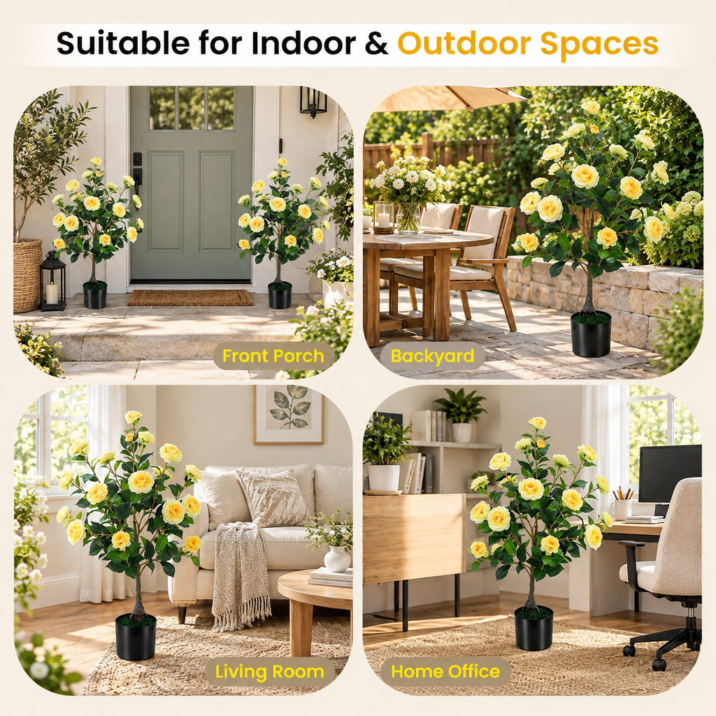 Airfind 2-Pack Artificial Camellia Tree Faux Flower Plant in Cement-Filled Pot, Yellow, offers excellent stability and balance