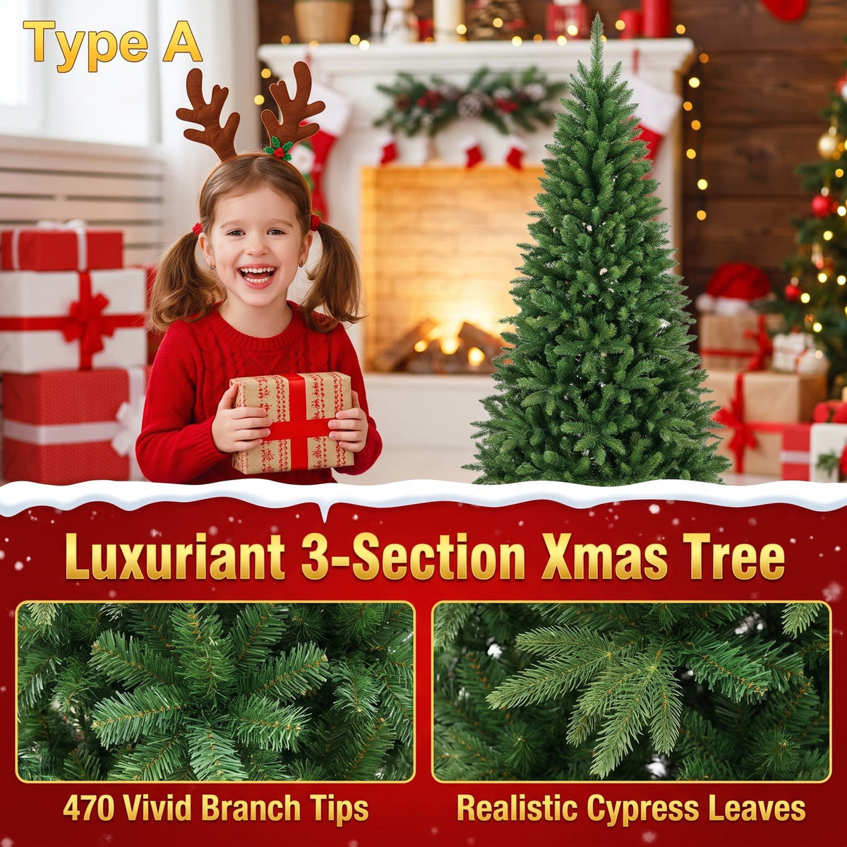 Airfind 6.5/7.5 Feet Artificial Cypress Christmas Tree Pre-lit Hinged-6.5 ft, PE Metal Tree Height 6.5 ft/7.5 ft Tree Width 4 ft Frame, Green