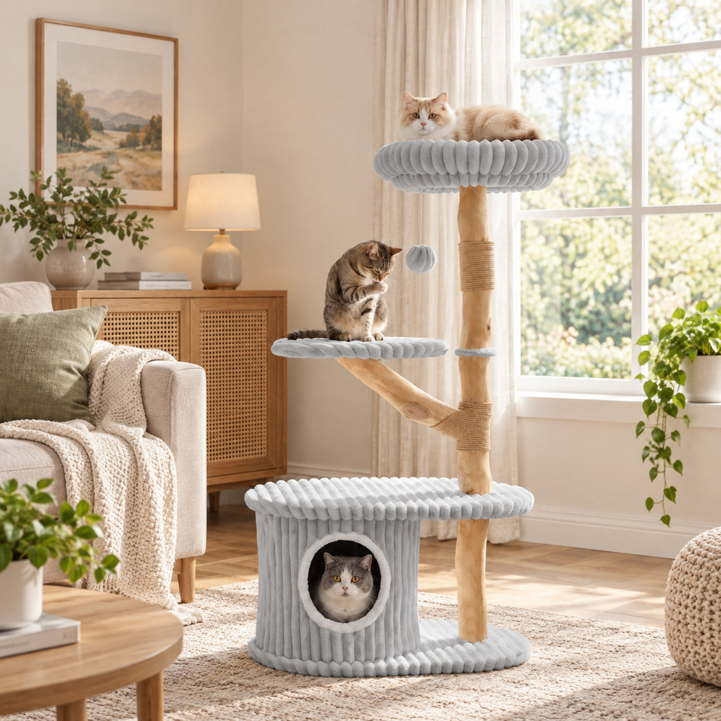 Airfind 41 Inch Tall Modern Cat Tower with Real Wood Branches Scratching Posts for Indoor, Gray, a distinctive shape and rich wood grain