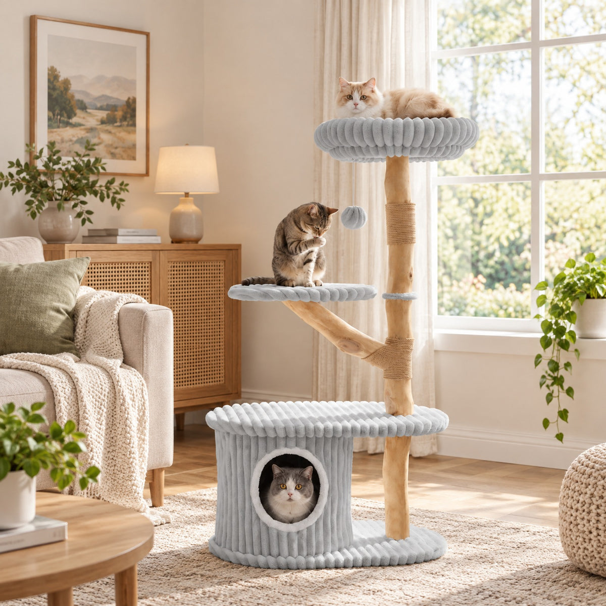Airfind 41 Inch Tall Modern Cat Tower with Real Wood Branches Scratching Posts for Indoor, Gray, a distinctive shape and rich wood grain