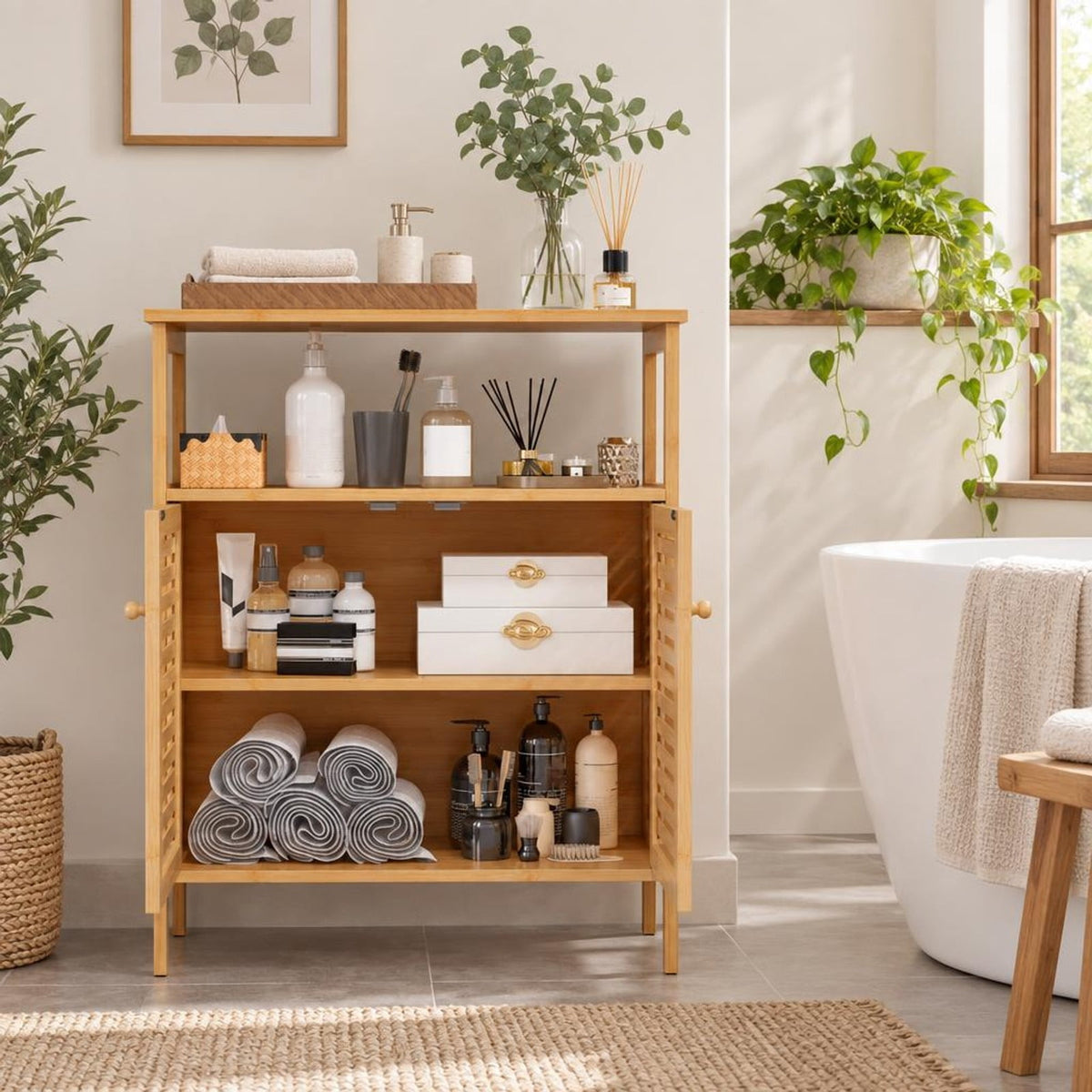 Airfind Bamboo Bathroom Floor Storage Cabinet with Shutter Doors, 145 lbs Capacity, Bamboo MDF Frame, Natural