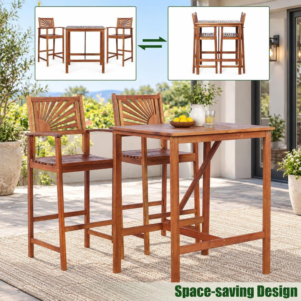 Airfind 3 Pieces Acacia Wood Patio Bar Set with Sunflower Patterned Backrest, Acacia Wood Frame, 21.5 x 19.5 x 47 Footprint, Wood