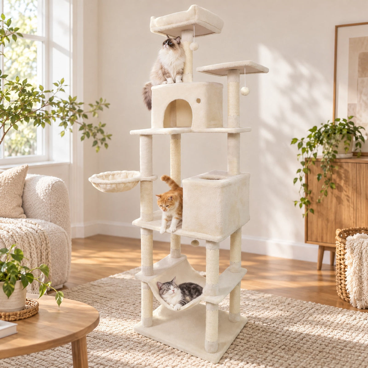 Airfind 80 Inches Tall Cat Tree with 2 Large Condos and Dangling Toys, 33 lbs Capacity, Engineered Board Sisal Plush Fabric Sponge Frame, Beige