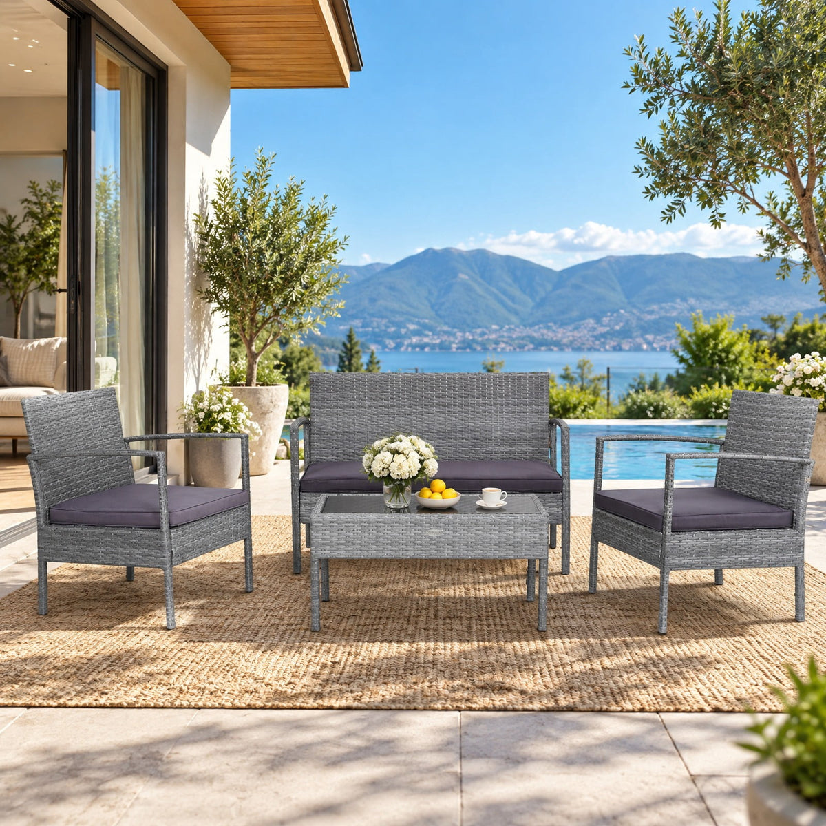 Airfind 4 Pieces Outdoor Rattan Conversation Set with Comfortable Cushion, 800 lbs Capacity, Rattan Frame, 23 Inch x 23 Inch x 28.5 Inch Footprint