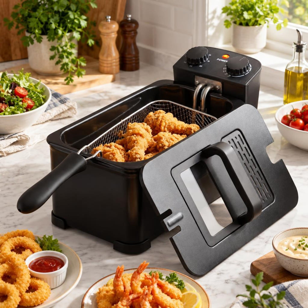 Airfind 3.2 Quart Electric Stainless Steel Deep Fryer featuring Timer, Stainless Steel Iron Frame, 21.5 Inch x 9.5 Inch x 8.5 Inch Footprint, Black