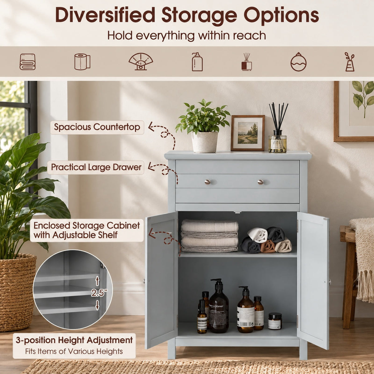 Airfind Wooden Bathroom Floor Cabinet with Drawer and Adjustable Shelf, 110 lbs Capacity, MDF Frame, 23.5in x 12in x 31.5in Footprint, Grey