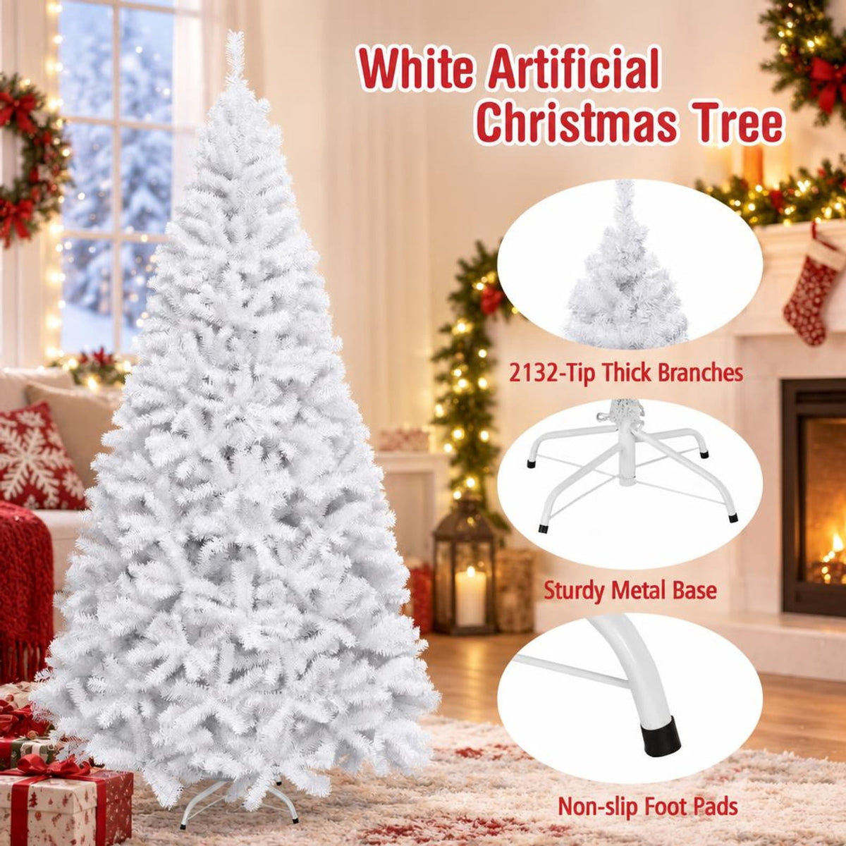 Airfind 6 / 7.5 / 9 Hinged Artificial Christmas Tree with Metal Stand-9 ft, PVC iron Frame, φ 3.8 ft x 6 ft Footprint, White