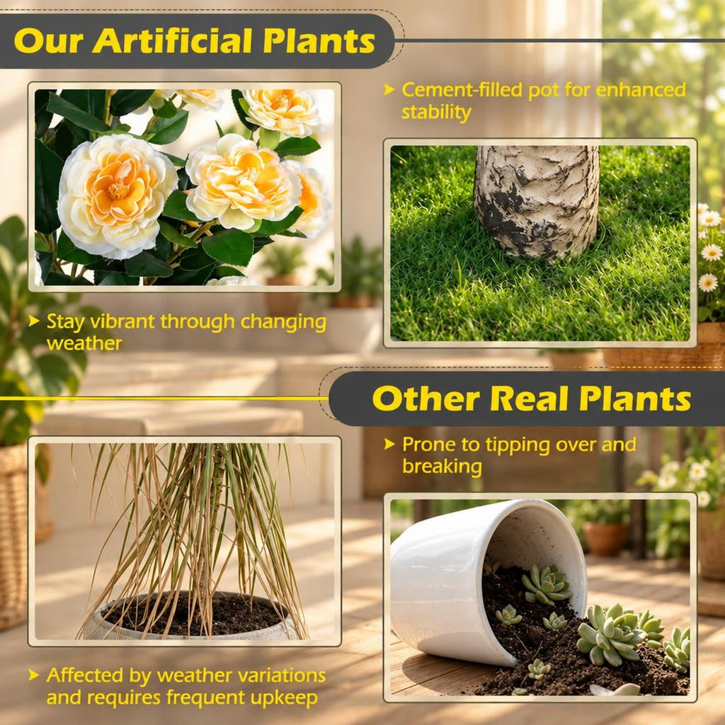 Airfind Set of 2 39.5 Artificial Camellia Tree with Cream Yellow Blossoms in Cement Pot for Decoration, PP Cement PE Fabric Frame, Cream Yellow