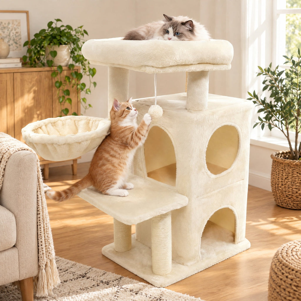 Airfind 33.5 Inch Cute Kitten Tower with 2-Tier Condo and Padded Top Perch, 22 lbs Capacity, Engineered Board Sisal Plush Fabric PP Polyester Frame