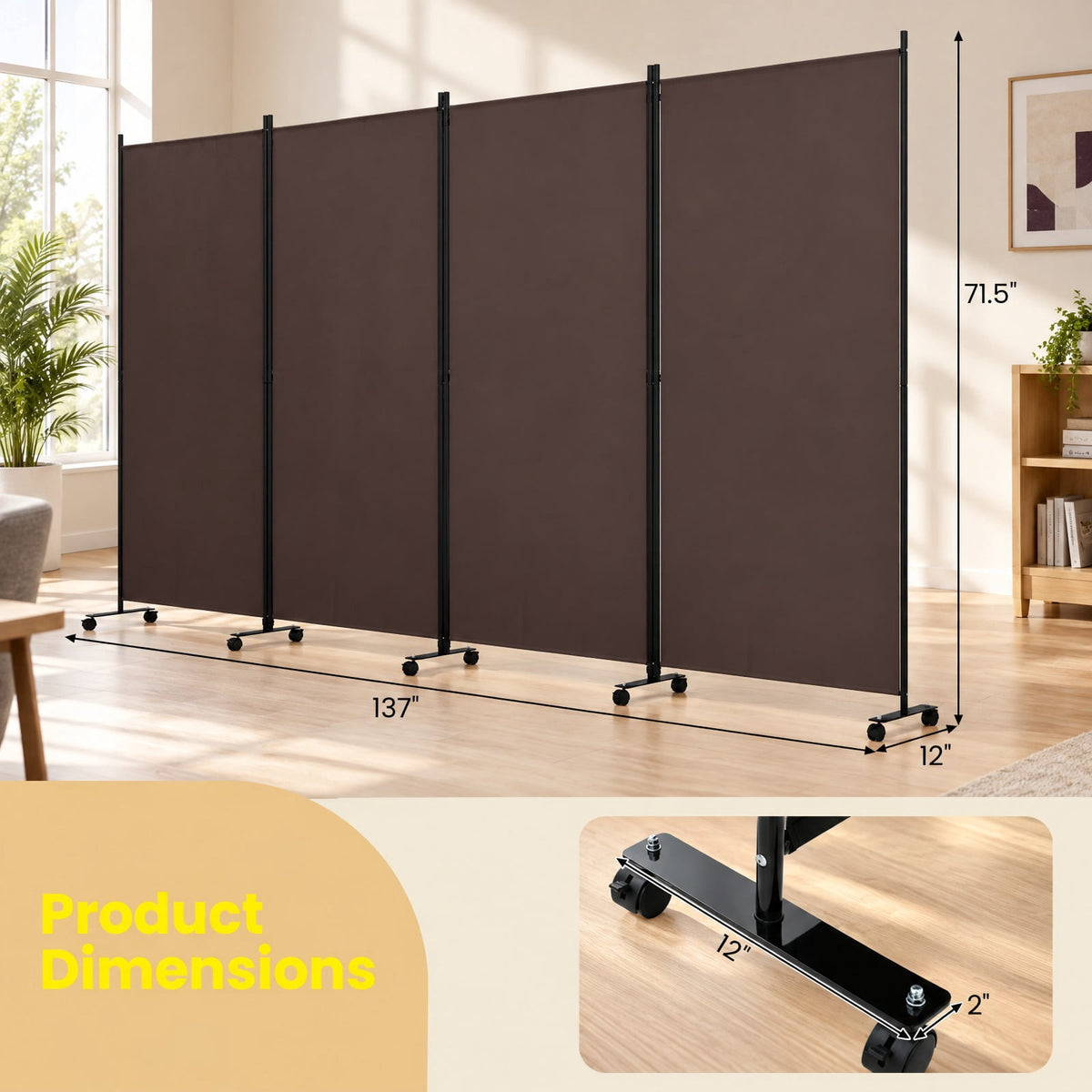 Airfind 4 Panel Folding Privacy Screen Room Divider with Wheels, Polyester Fabric Metal PP Frame, 137 x 12 x 71.5 Footprint, Brown