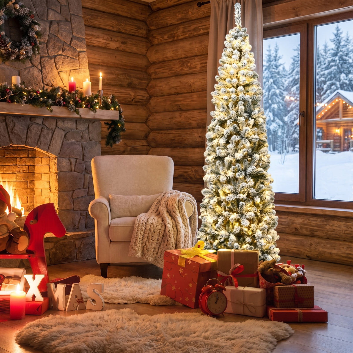 AIRFIND 7.5 ft Pre-Lit Pencil Christmas Tree with 350 Warm White LED Lights, 641 Flocked Branch Tips, Hinged Sections and Folding Metal Stand