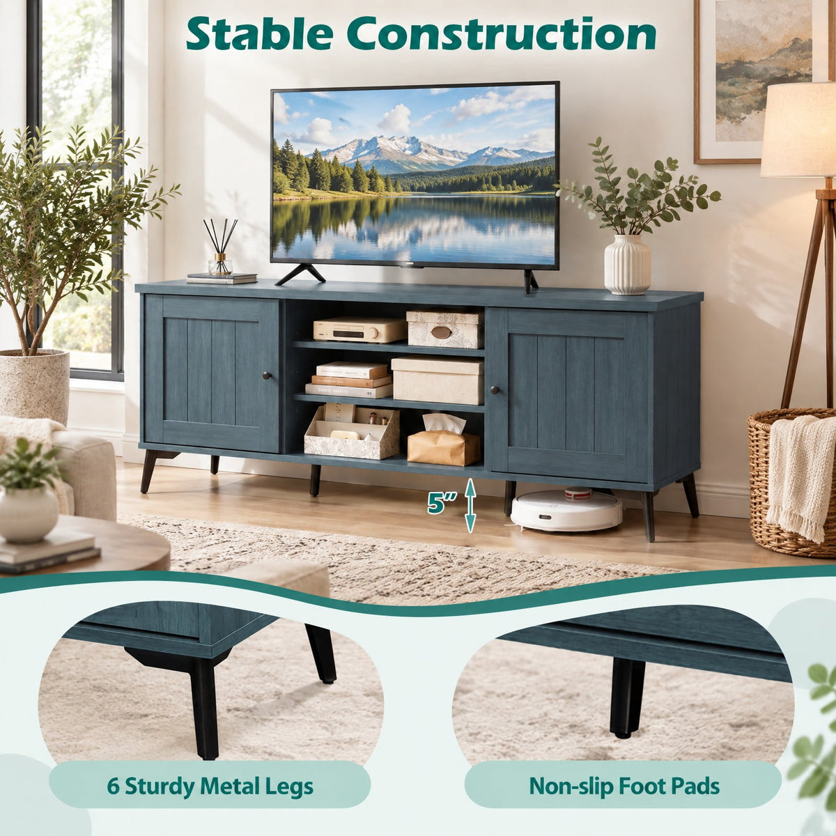 Airfind 2-Door TV Stand for TVs up to 65 Inch Mid Century Modern Entertainment Center, 176 lbs Capacity, Engineered Wood Metal Frame, Turquoise