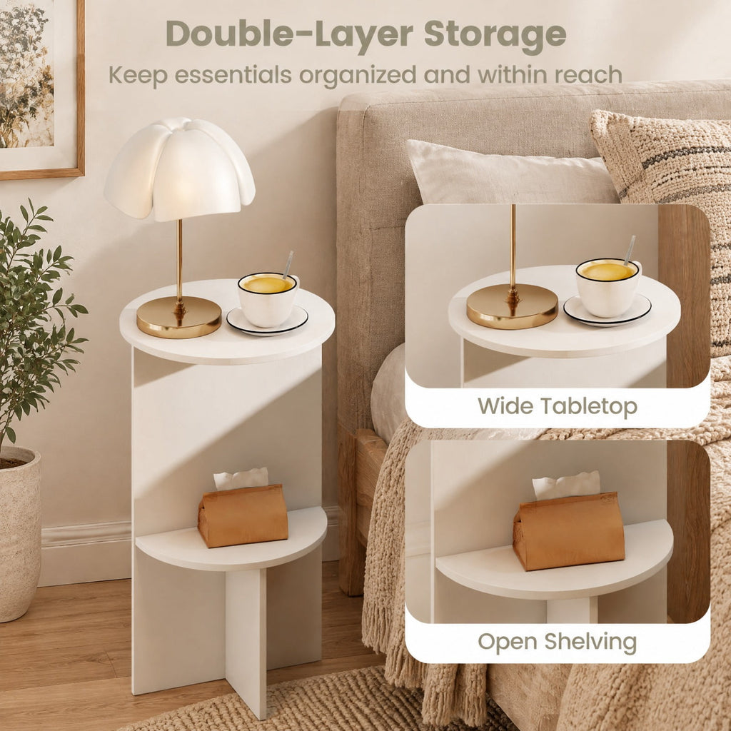 Airfind 2-Tier Round Side Table with Storage Shelf for Small Space, 66 Lbs Capacity, Engineered Wood, 14 Inch X 23 Inch for Convenient Everyday Use, White