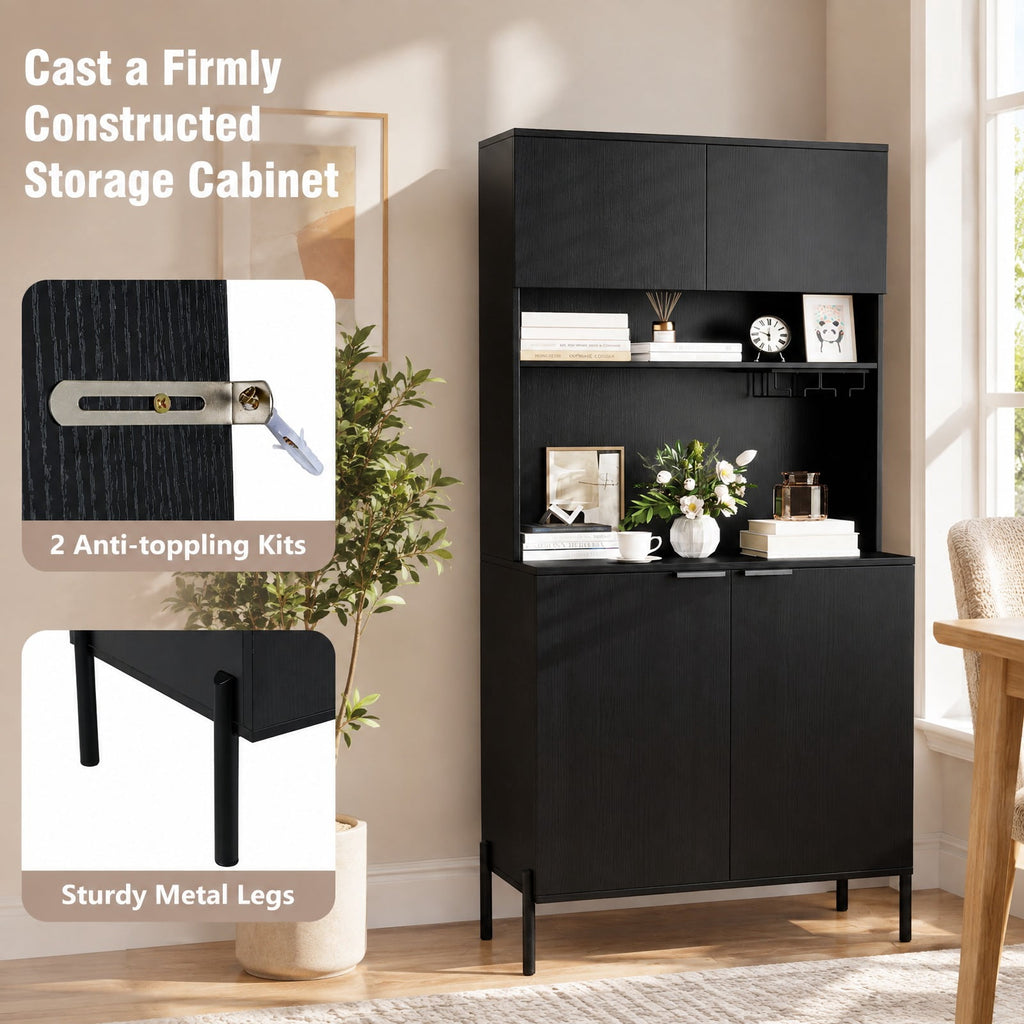 Airfind 64.5 Inches Tall Kitchen Pantry Cabinet with Charging Station and Wine Glass Rack, 90 lbs Capacity, Engineered Wood MDF Metal Frame, Black
