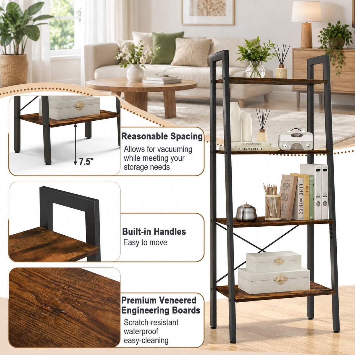 Airfind 4-Tier Bookshelf with Metal Frame and Adjustable Foot Pads, 200 lbs Capacity, Metal Engineered Wood Frame, Brown